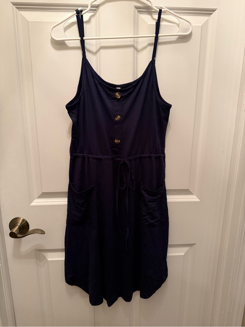 Navy Sleeveless Button-Front Mini Dress with Drawstring Waist